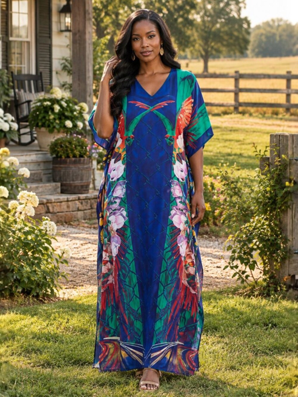 Gypsie Blu Kimono Sleeves V-Neck Maxi Dress Comfy Moo Moos Beachwear Kaftan